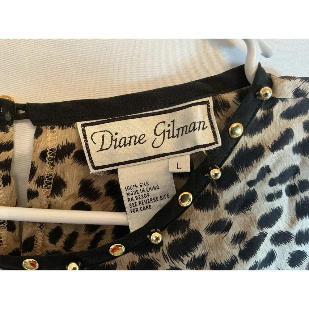 Diane Gilman - 100% Silk - Cheetah Print Short Sleeve Blouse Studded - Size L - Picture 8 of 8